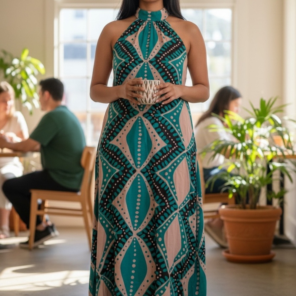 Porridge for Anthropologie 
Elegant‎ Teal and Black Geometric Maxi Dress